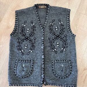Vintage Wool Embroidered Vest. Sz L. - Charcoal Grey
